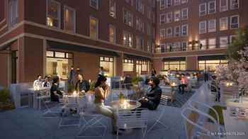a rendering of an outdoor patio area with people sitting at tables
